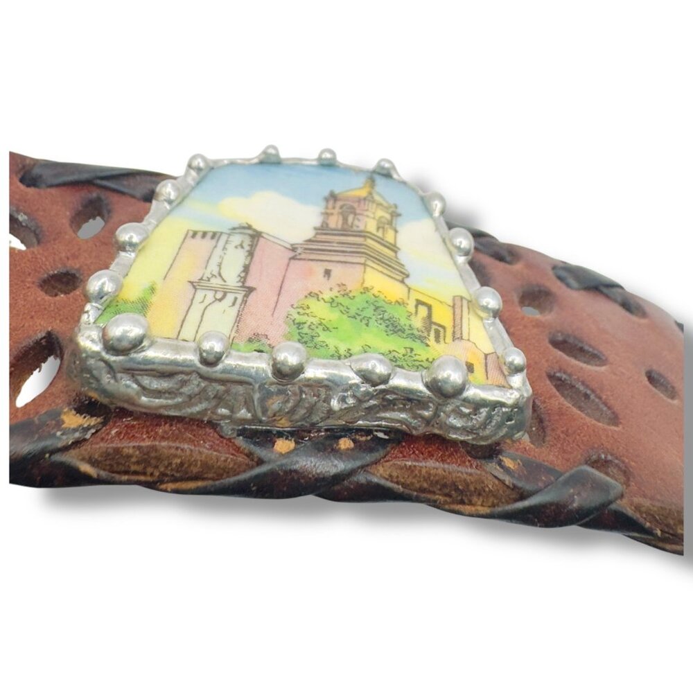 San Antonio Misión Church Broken China W Silver-Blend Metalwork & Leather Cuff - Picture 6 of 15